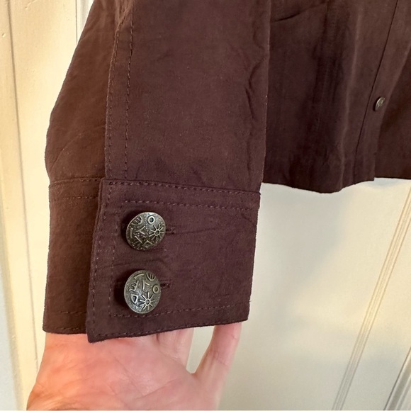 Chico’s Chocolate Brown Suede Feeling Jacket with Topstitching & Pockets Size M - Picture 5 of 11